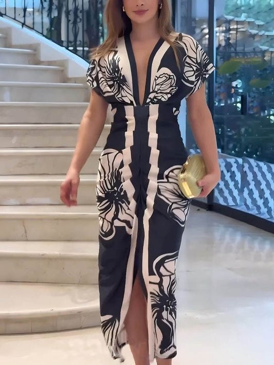 Unique Bella Contrast Color Print Dolman Sleeve Ruched Slit Midi Dress