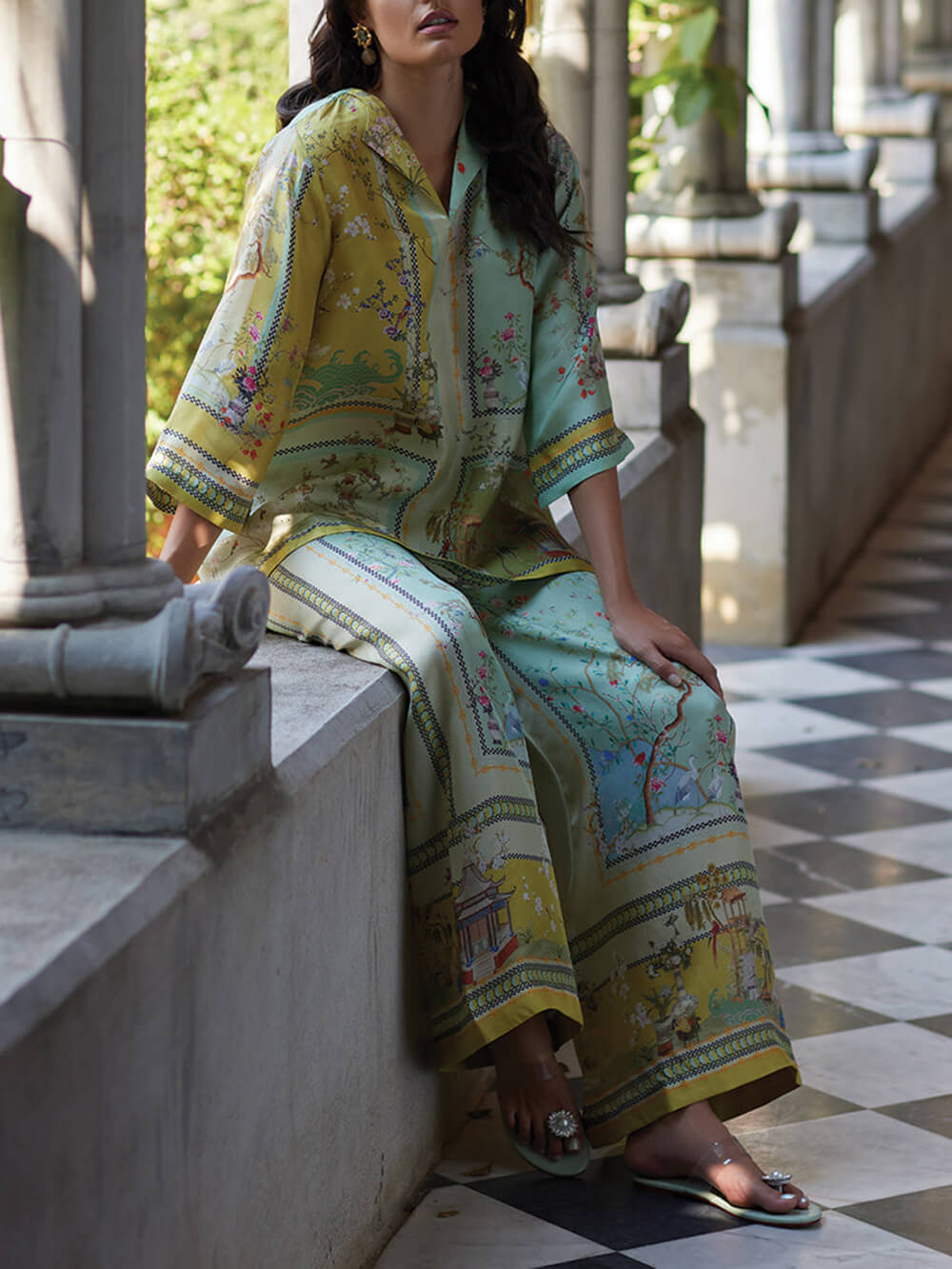 Digital Print Wide Leg Pants