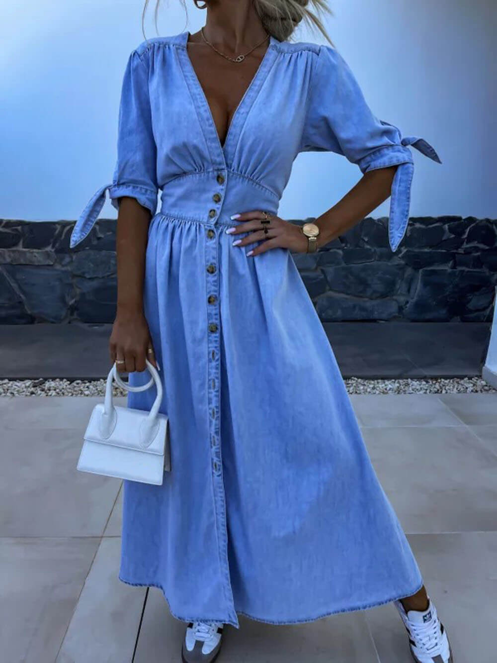 Unique Pleats Solid Color V-Neck Button-Down Denim Dress