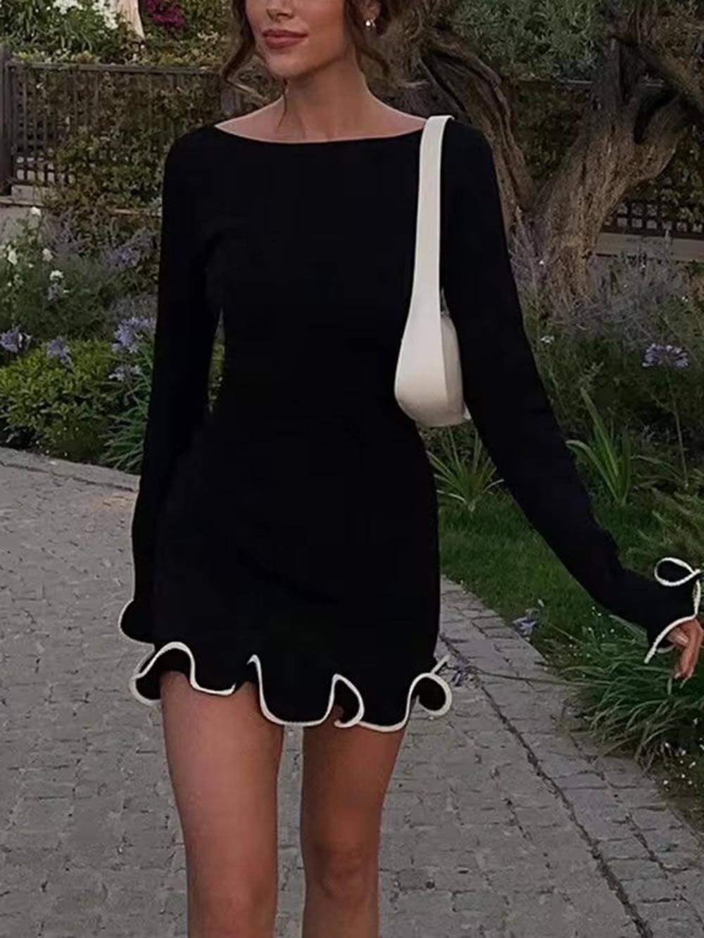 Chic Solid Color Round Neck Long Sleeve Bodycon Ruffle Dress