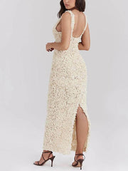 Floral Applique Deep V Neck Dress