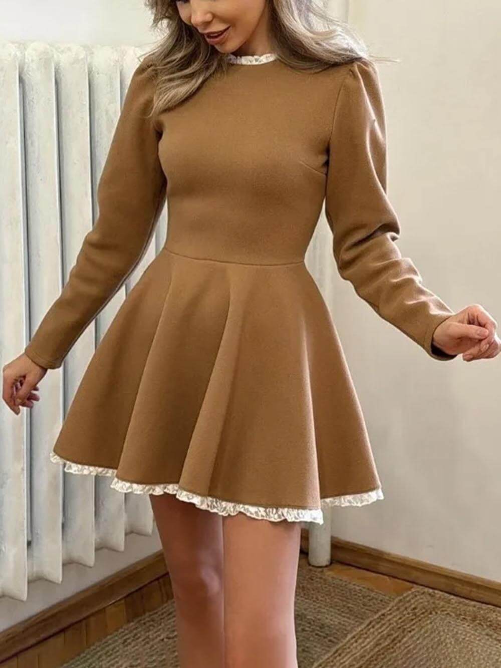 Vintage Chic Long Sleeve Lace-Detail Knit Dress