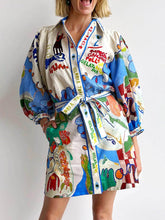 Unique Linen Print Cardigan Lace-Up Dress