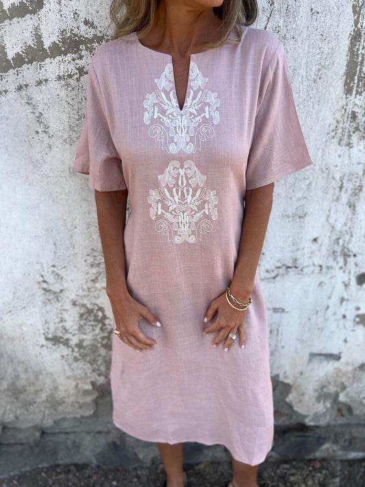 Bohemian Print Linen Loose Fit Midi Dress