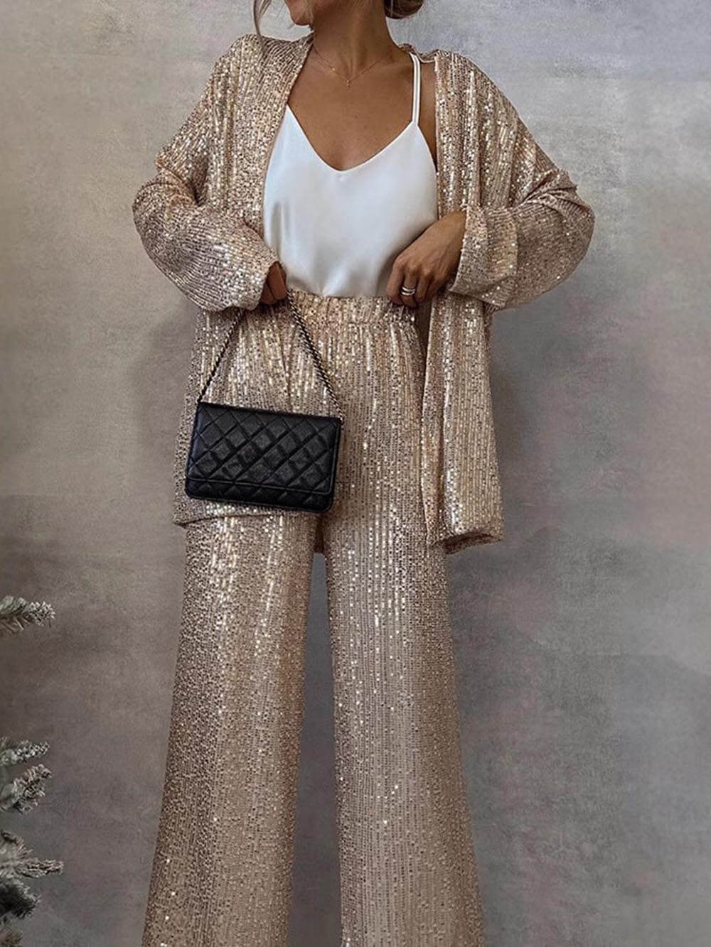 Sequined Long Sleeve Open Front Coat