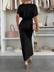 Satin Solid Color V-Neck Cross Knot Slim Maxi Dress