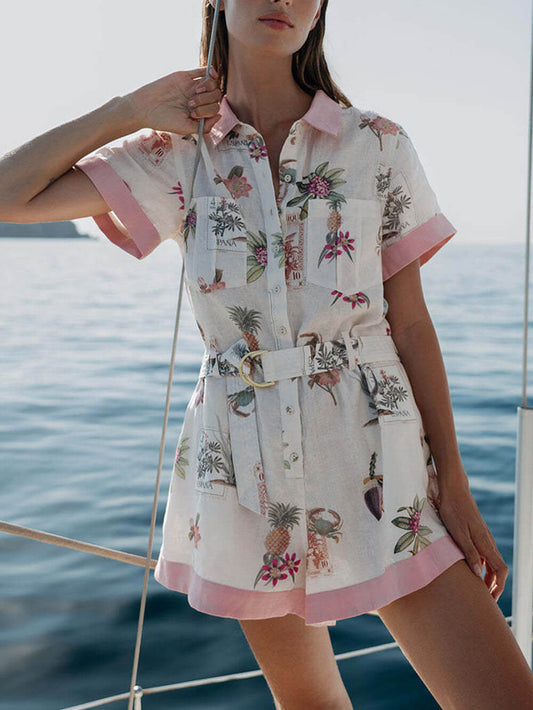 Elegant Floral Print Lace-Up Linen Jumpsuit