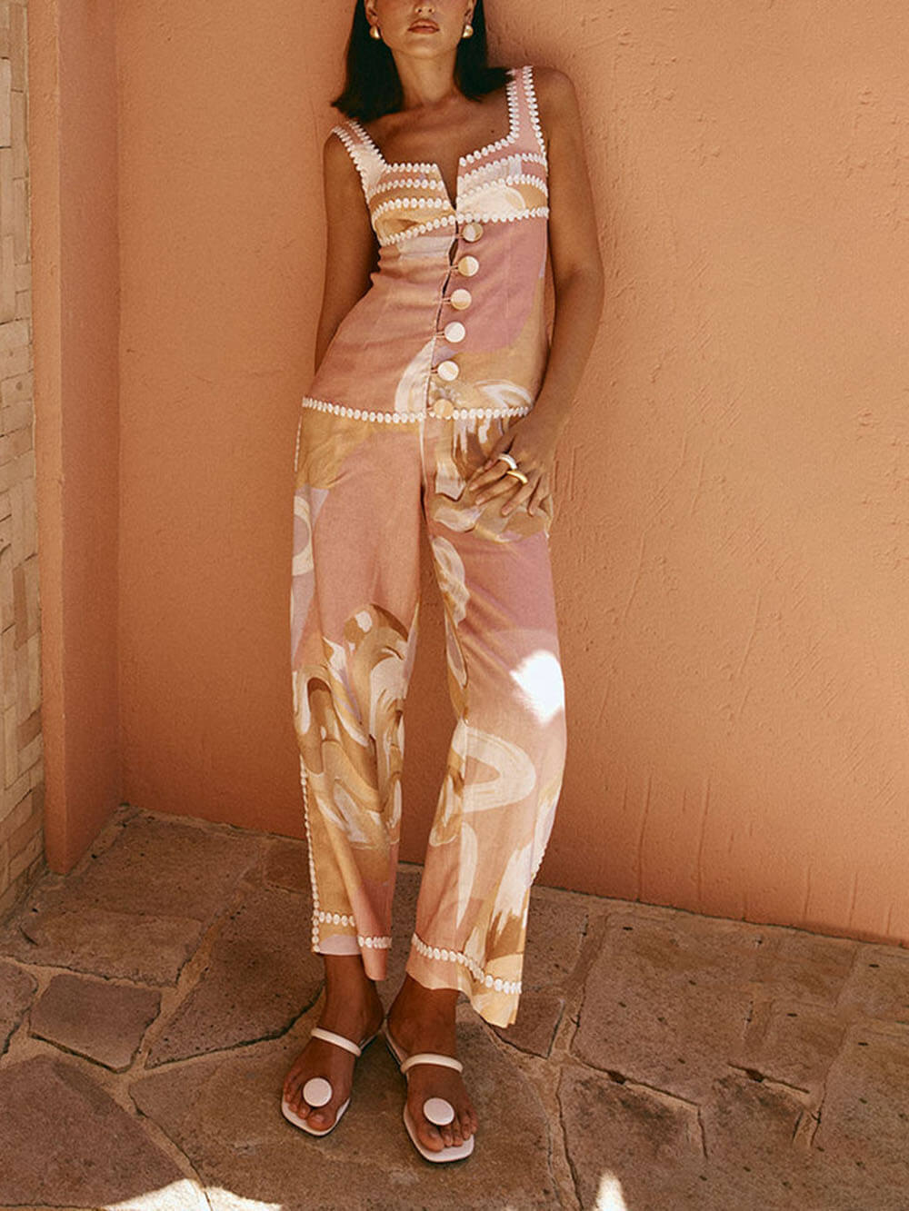 Linen Blend Floral Trim Pants
