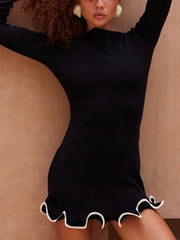 Chic Solid Color Round Neck Long Sleeve Bodycon Ruffle Dress