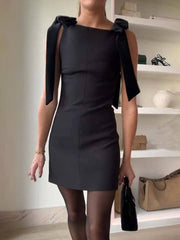 Bow Strap Straight Neckline Mini Dress