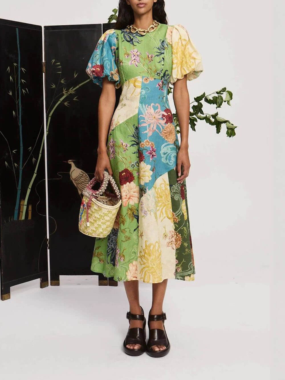 Graffiti Lantern Sleeve Casual Fashion Linen Dress