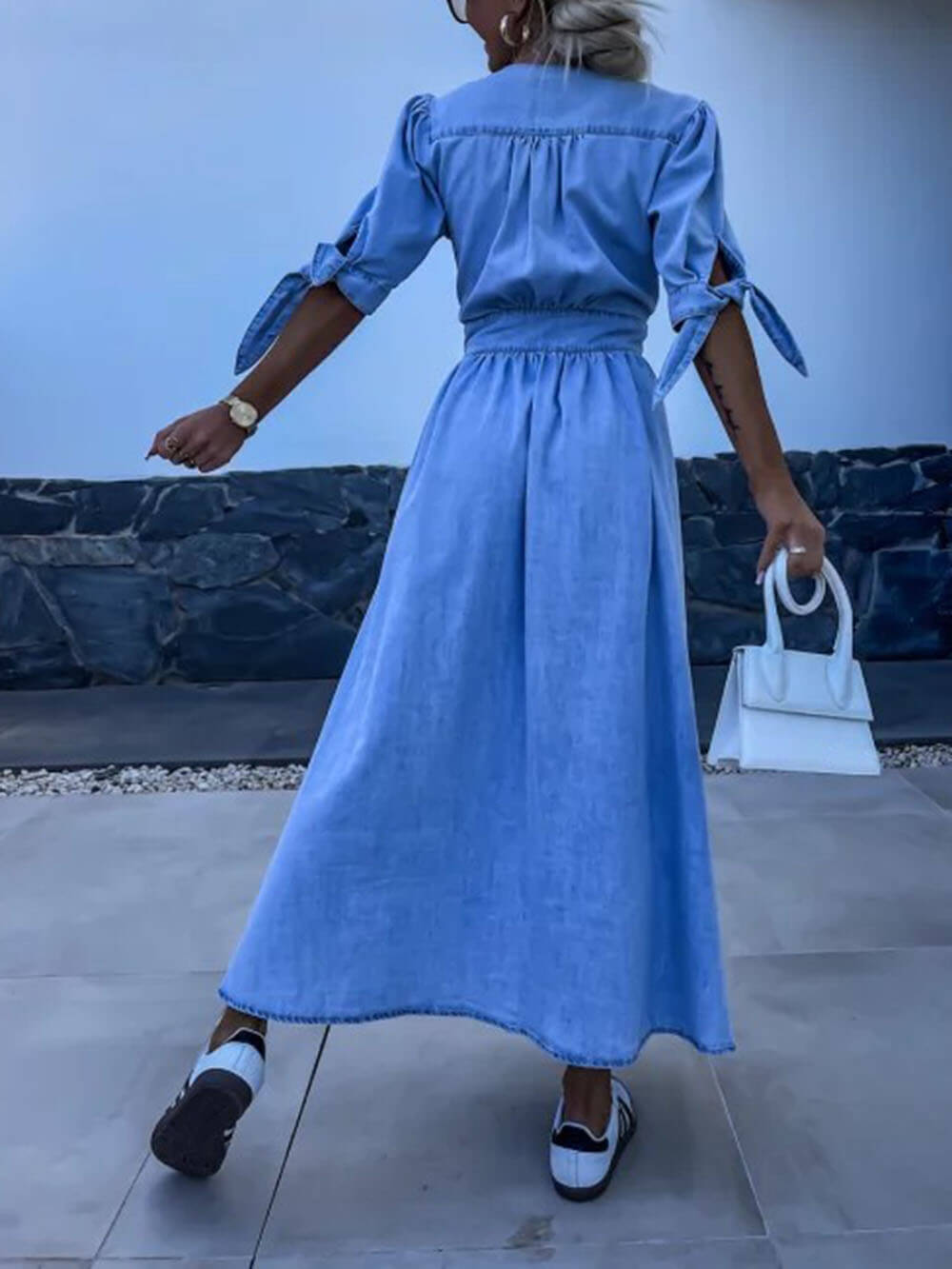 Unique Pleats Solid Color V-Neck Button-Down Denim Dress