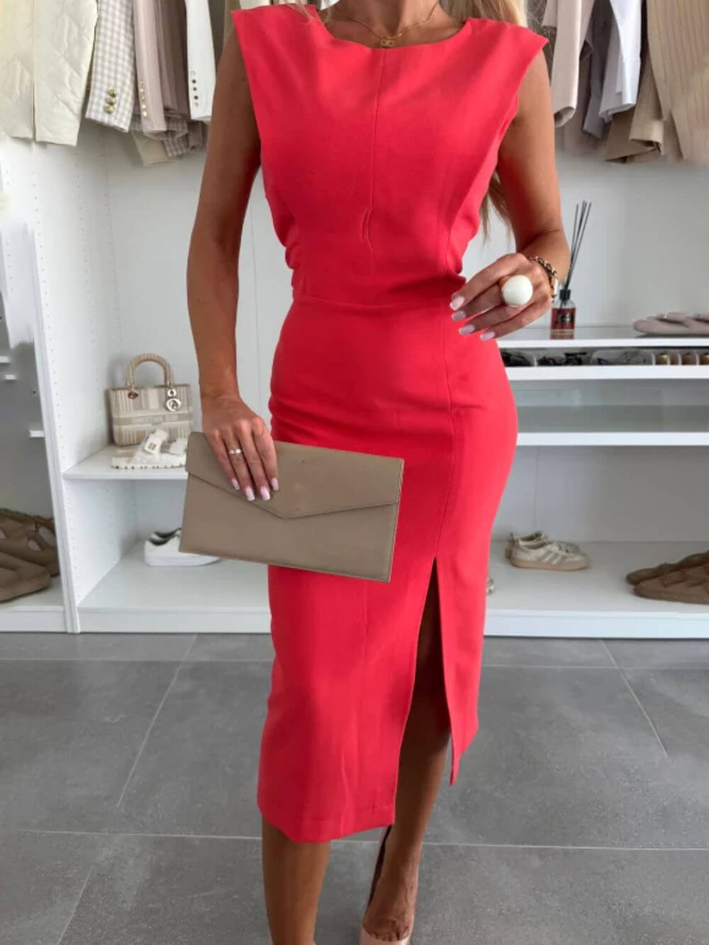 Elegant Charming Lady Round Neck Sleeveless Slit Midi Dress