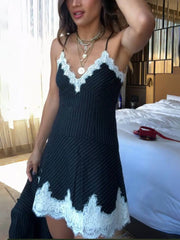 Striped Lace Trim Pleated Elegant Slip Mini Dress