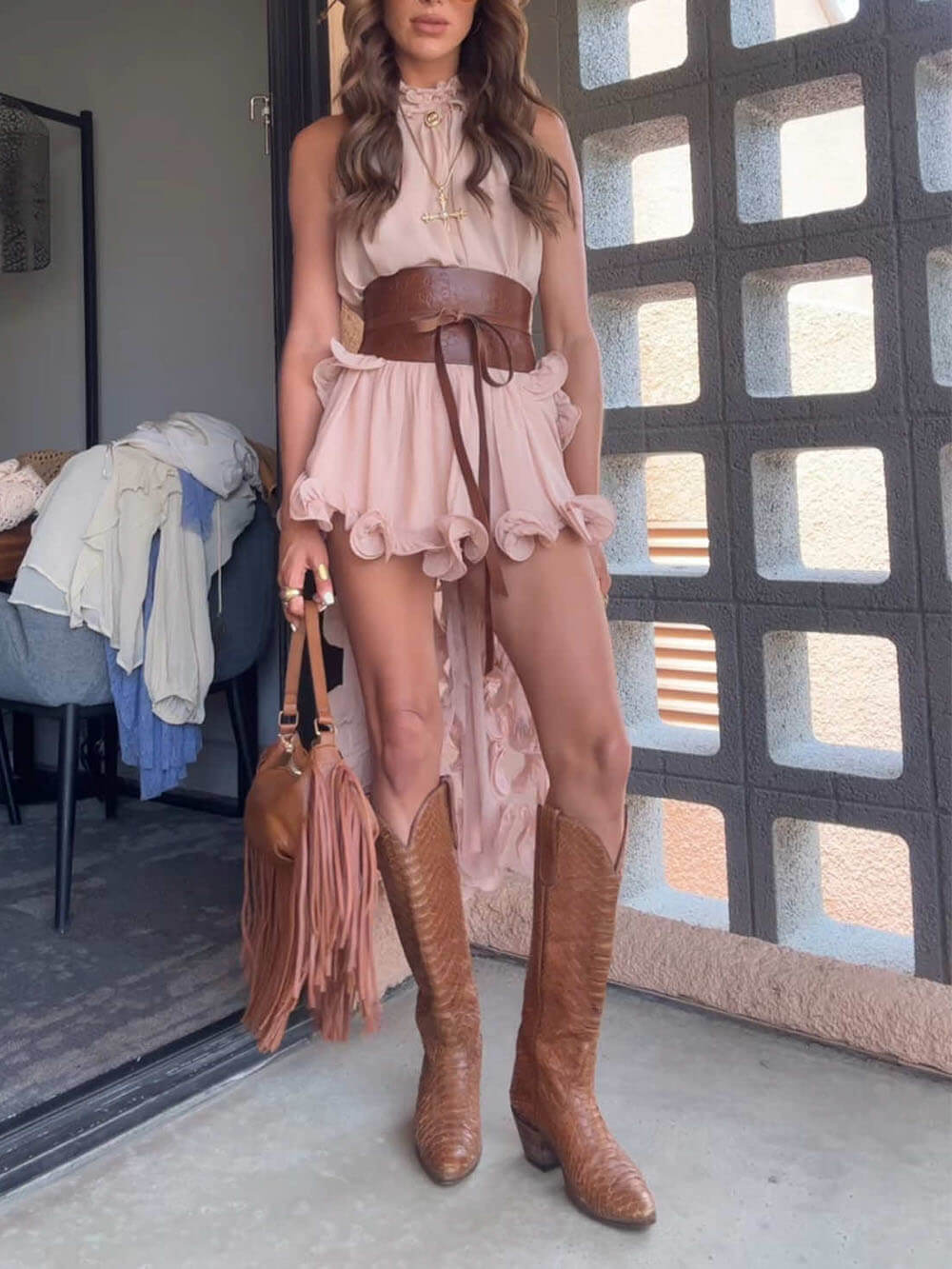 Chiffon Ruffle Halter A-Line Top