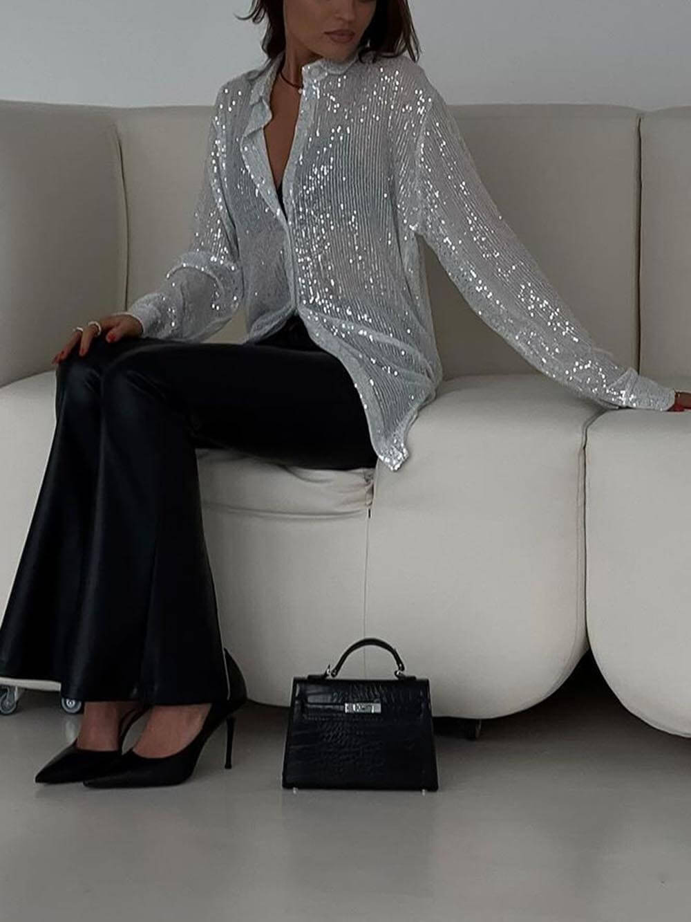 Beaded Lapel Long Sleeve Shirt