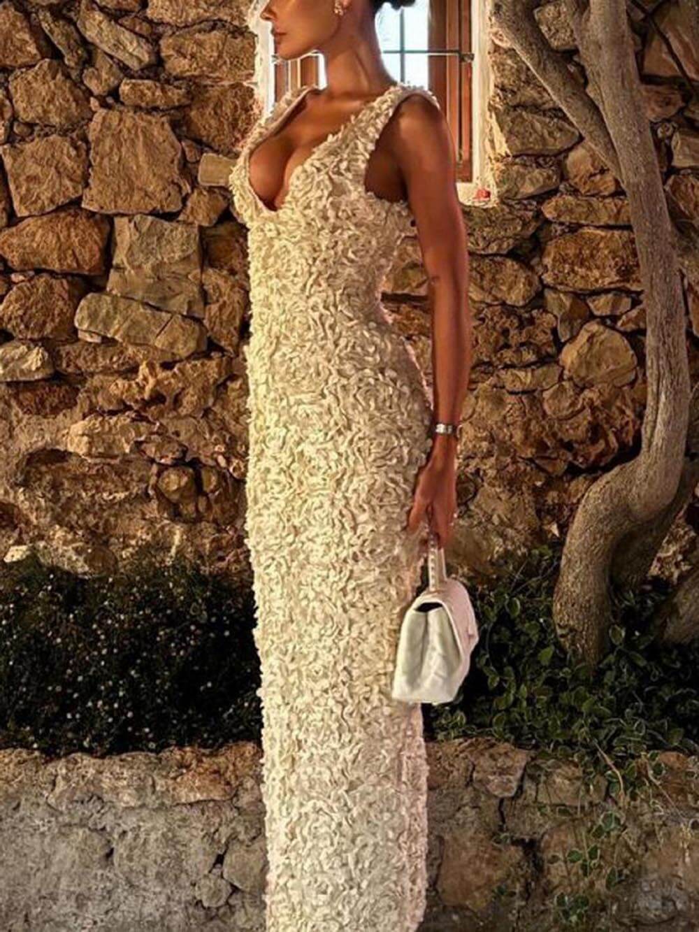Floral Applique Deep V Neck Dress