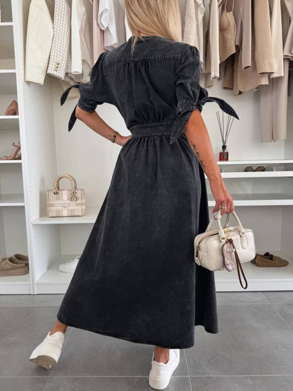 Unique Pleats Solid Color V-Neck Button-Down Denim Dress