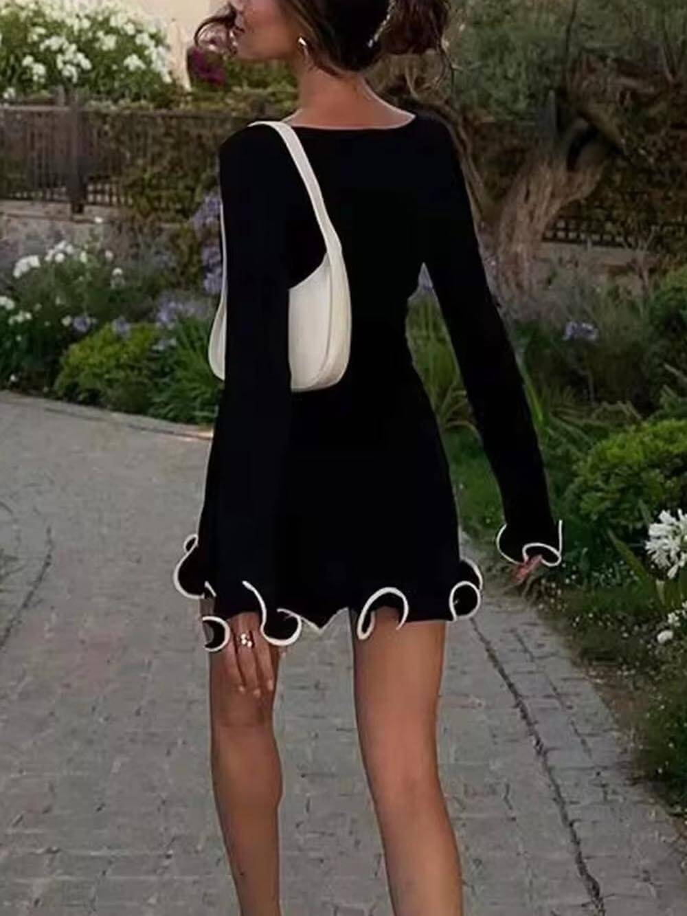 Chic Solid Color Round Neck Long Sleeve Bodycon Ruffle Dress