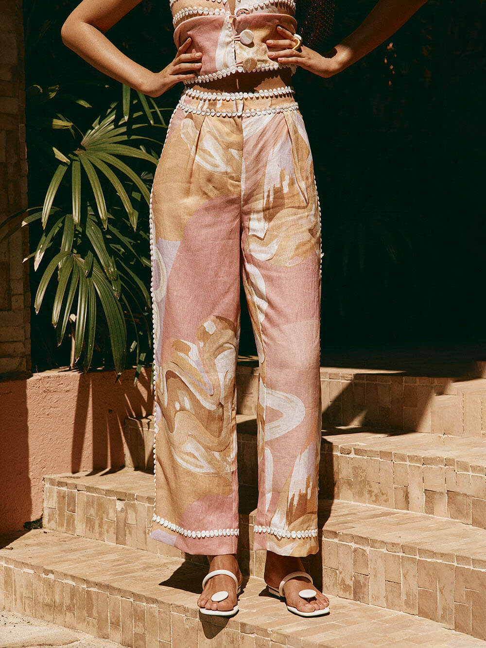 Linen Blend Floral Trim Pants