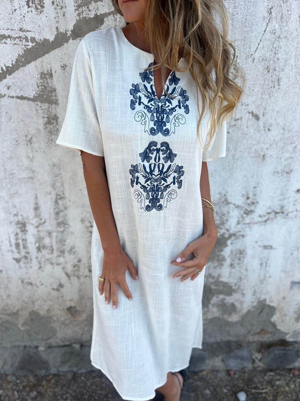 Bohemian Print Linen Loose Fit Midi Dress