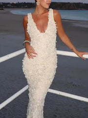 Floral Applique Deep V Neck Dress