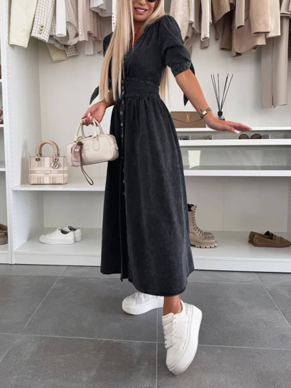Unique Pleats Solid Color V-Neck Button-Down Denim Dress