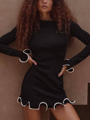 Chic Solid Color Round Neck Long Sleeve Bodycon Ruffle Dress