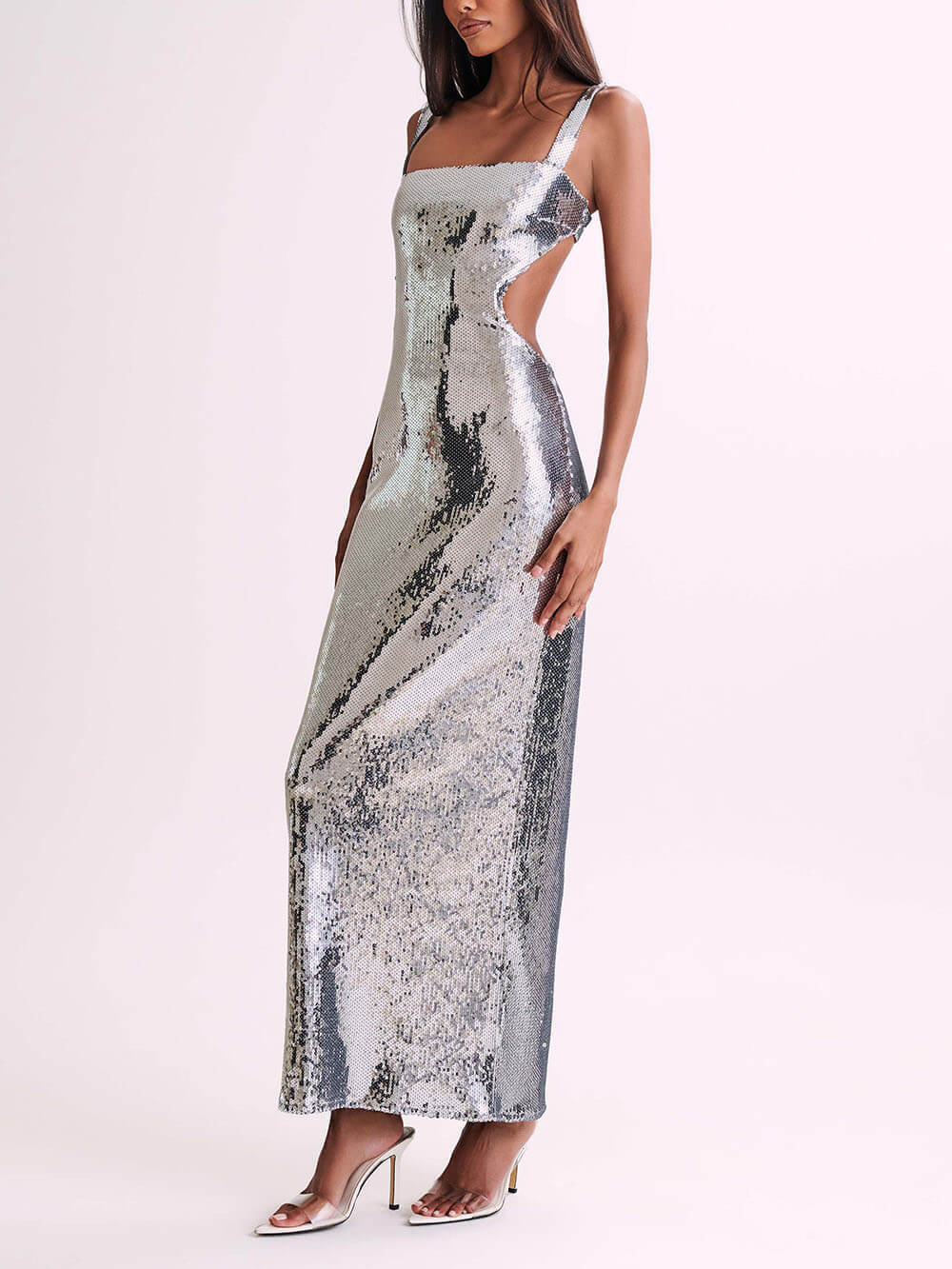 Sequin Square Neck Strap Party Dress