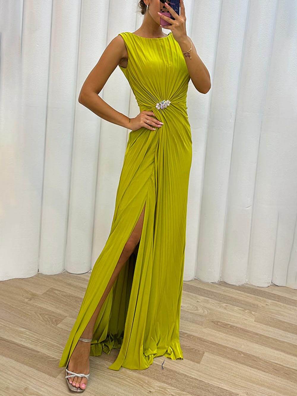Pleated Slit Casual Sleeveless Dress