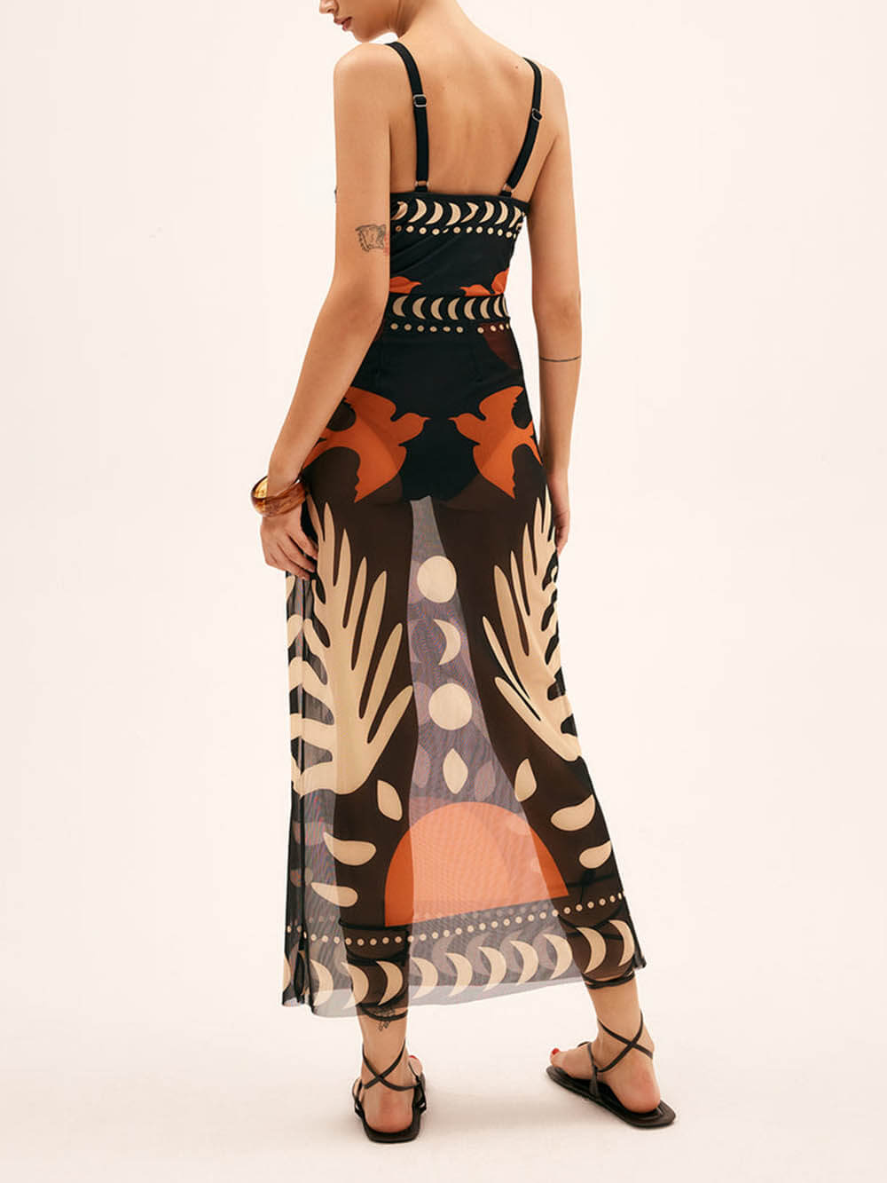 Bird Print Mesh Maxi Skirt
