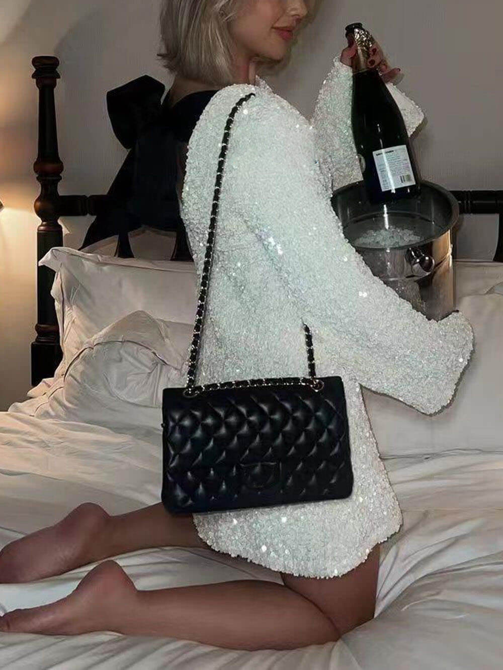 Sequined Open Back Tie Strap Mini Dress