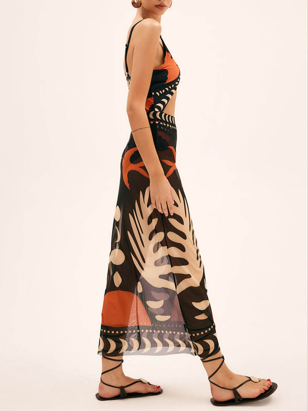 Bird Print Mesh Maxi Skirt