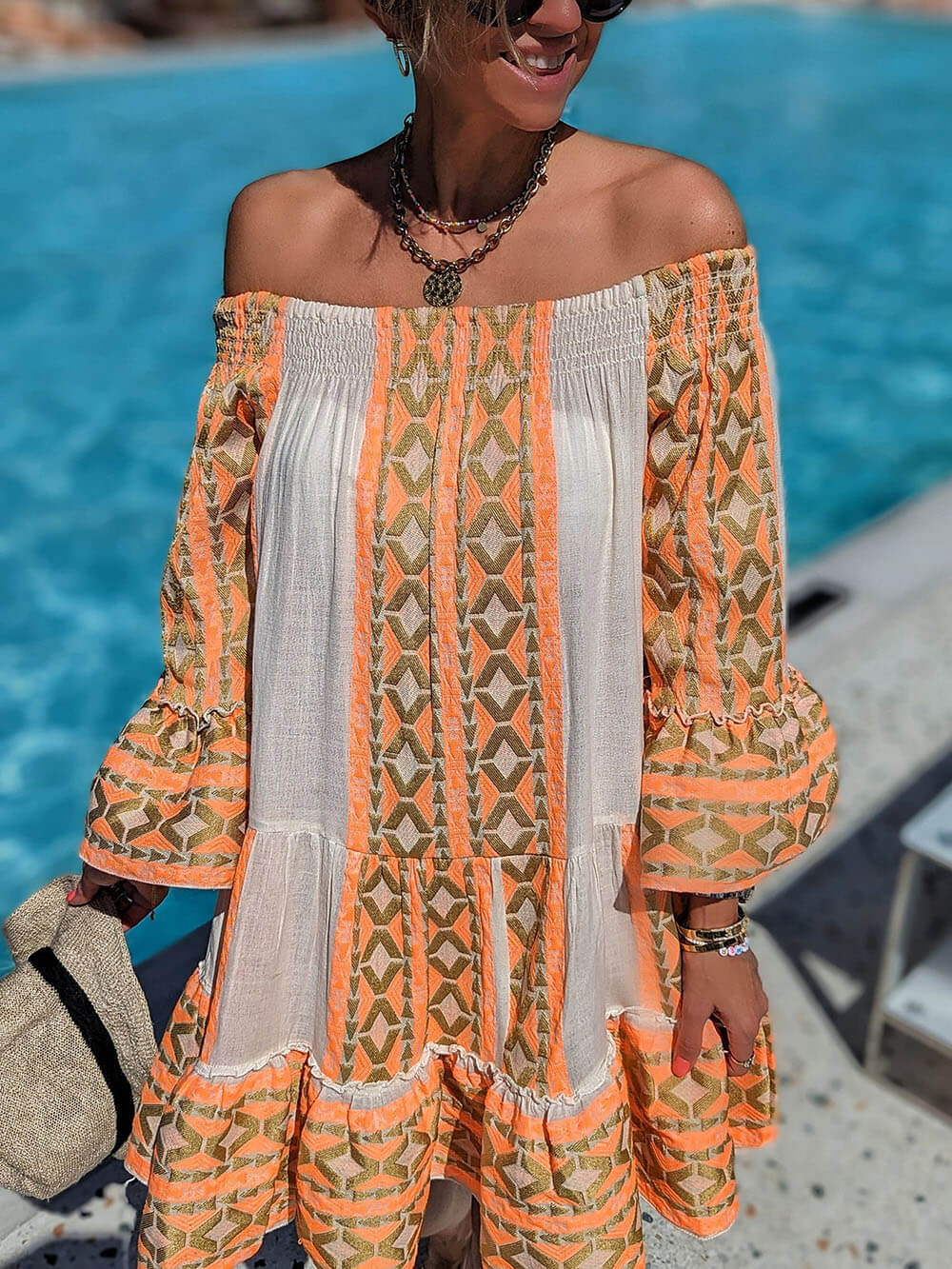 Linen Blend Vibrant Ethnic Off Shoulder Party Dress