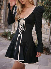 Long Sleeve U-Neck Tie-Back Mini Dress