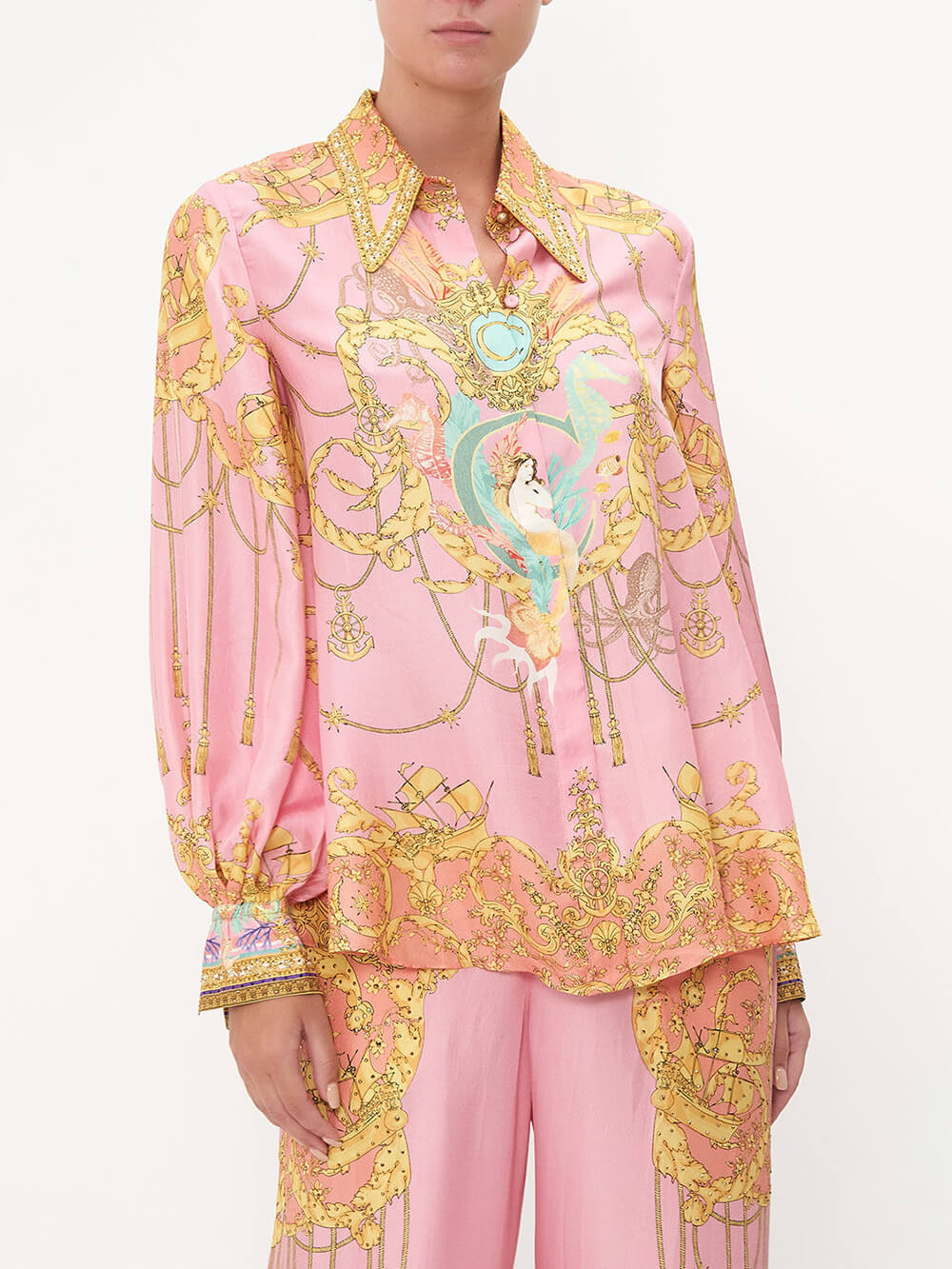 Fish Print Puff Sleeve Blouse Set