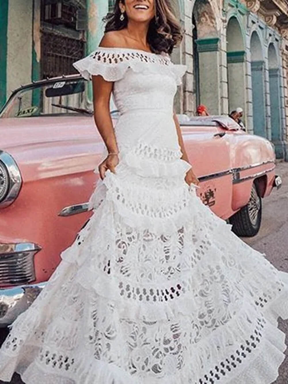 Off-Shoulder Ruffled Lace A-Line Dress