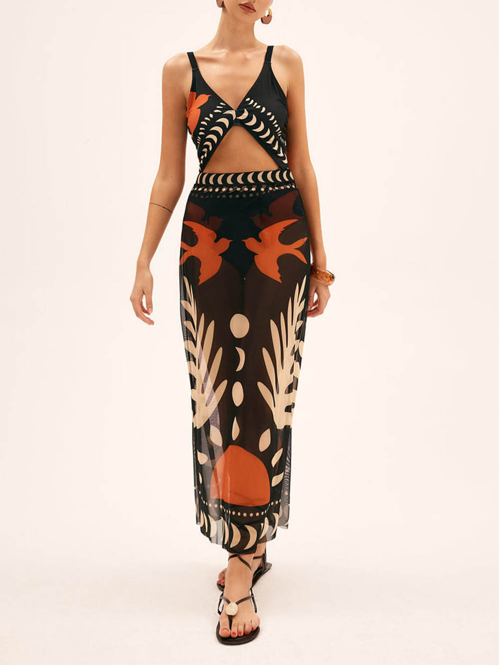 Bird Print Mesh Maxi Skirt