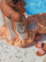 Linen Blend Vibrant Ethnic Off Shoulder Party Dress