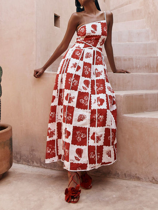 Fashion Strappy Print Trim Dress