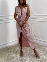 V-Neck Ruched Drape Slit Classic Dress