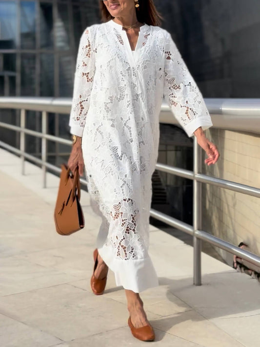 Flower Lace V-Neck Bell Sleeve Loose Dress