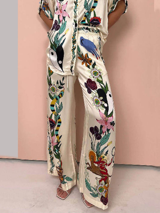 Satin Print Wide Leg Pants