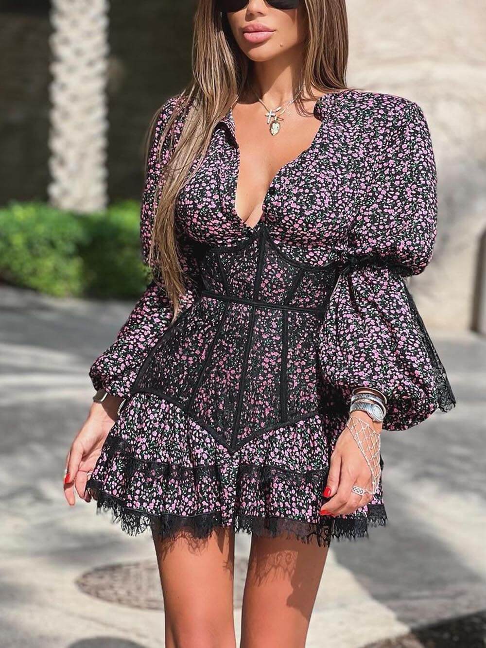 Floral Waist-Tied Long Sleeve Lace Mini Dress