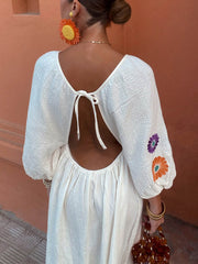 Floral Print V-Neck Lantern Sleeves Backless Dress