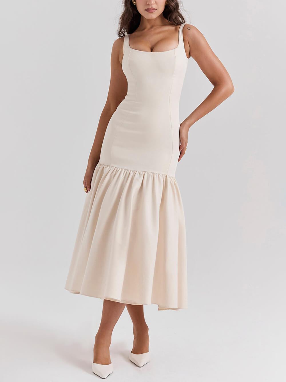 Graceful Square Neck Wide Strap Drop Waist Dress