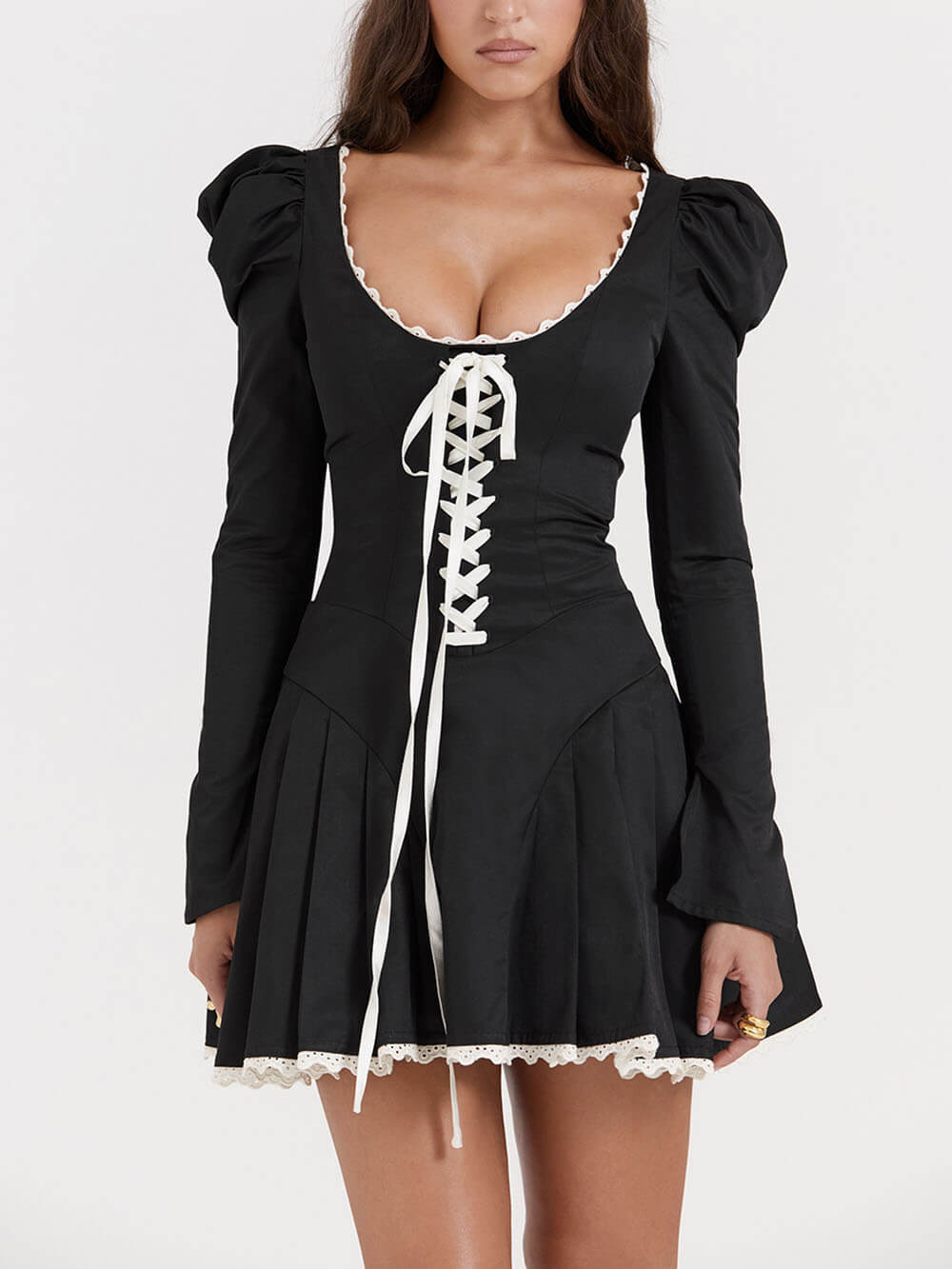 Long Sleeve U-Neck Tie-Back Mini Dress
