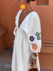 Floral Print V-Neck Lantern Sleeves Backless Dress