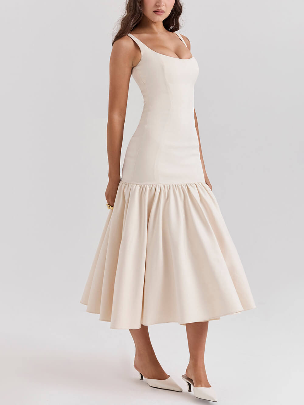 Graceful Square Neck Wide Strap Drop Waist Dress