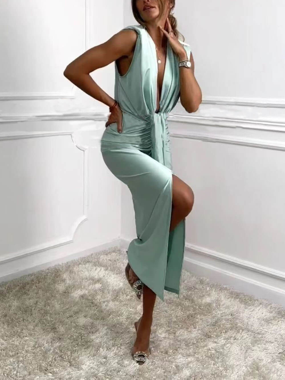 V-Neck Ruched Drape Slit Classic Dress